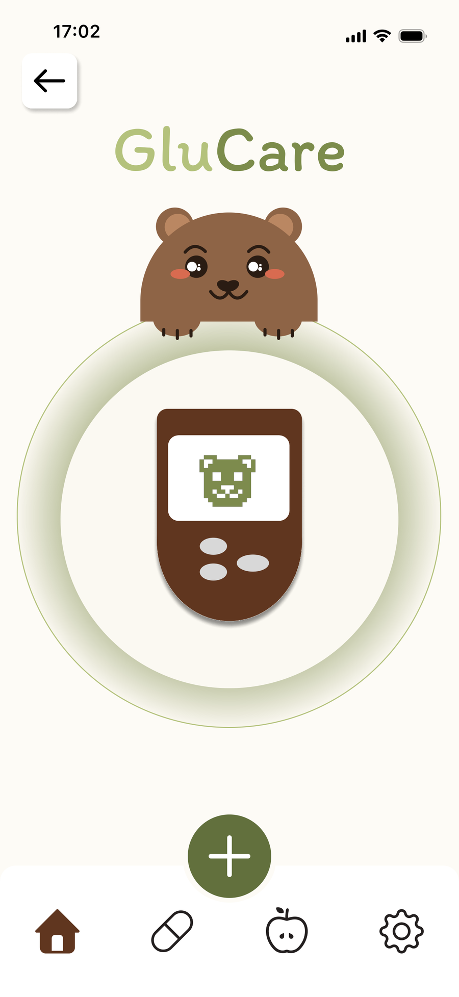 GluCare add-a-sensor screen with a device illustration inside a circular target and a plus button to pair