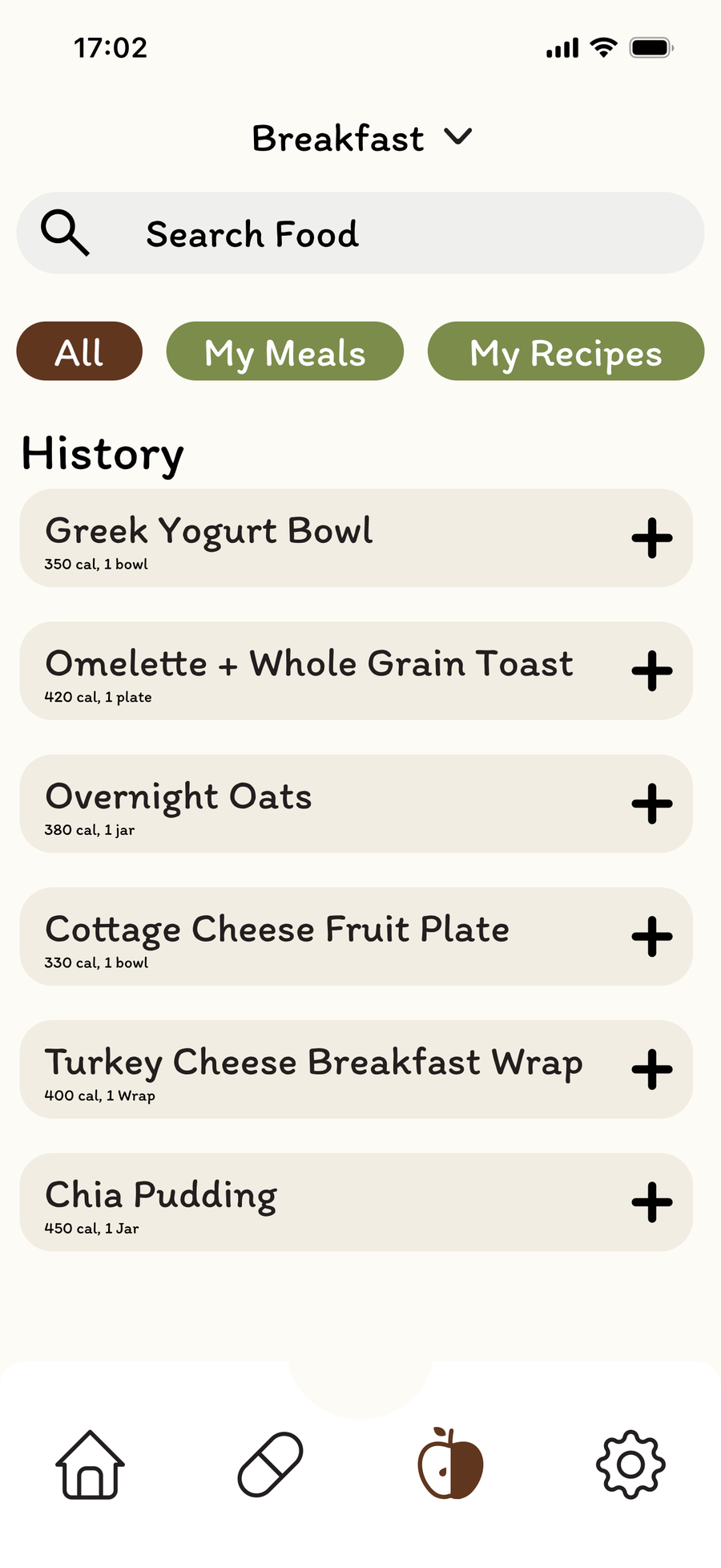 GluCare breakfast food search screen with an All / My Meals / My Recipes filter and a history list