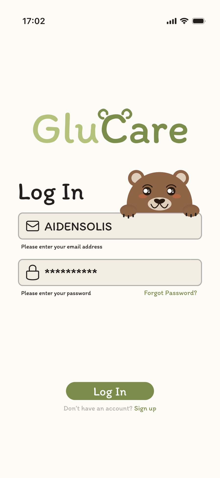 GluCare log in screen with the email and password fields filled in