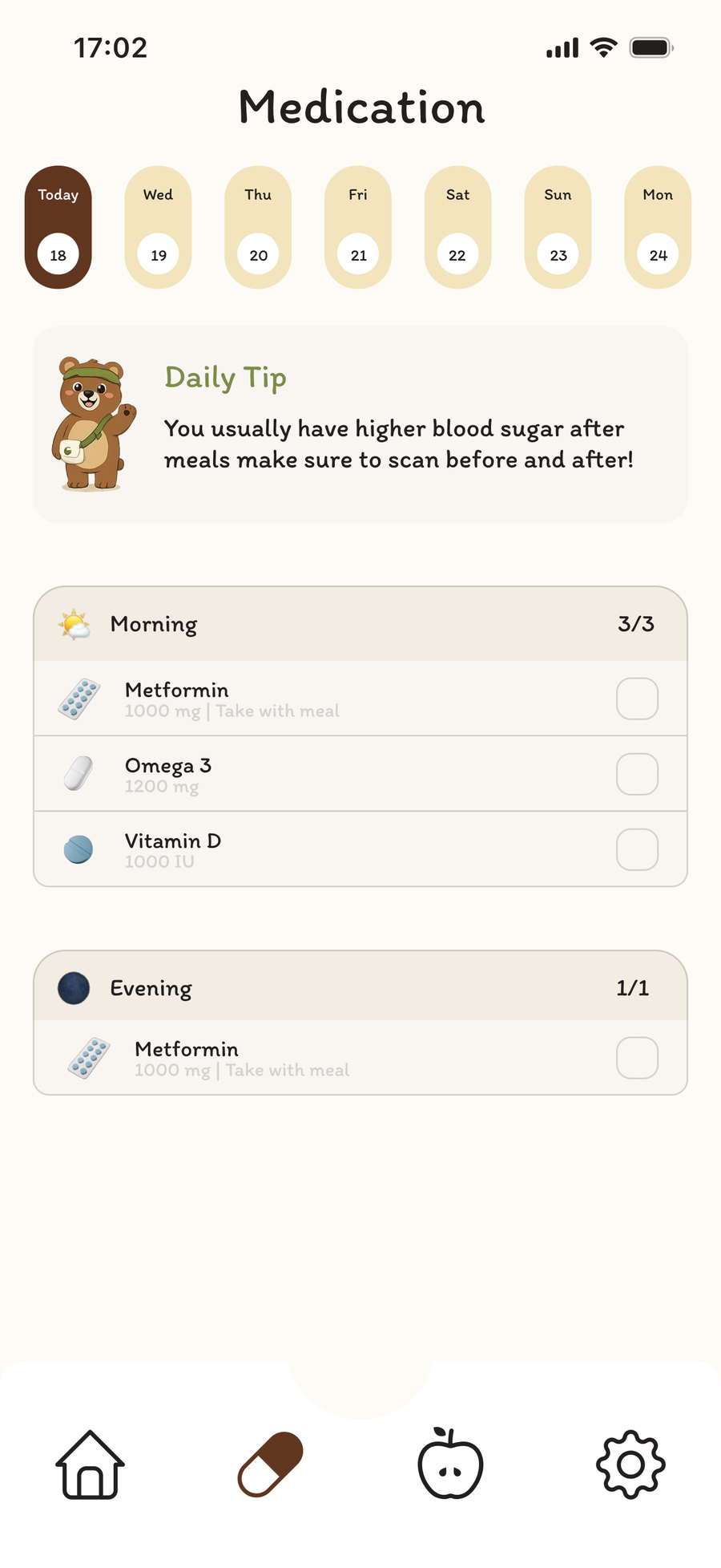 GluCare medication screen with a weekly day picker and morning and evening medication checklists