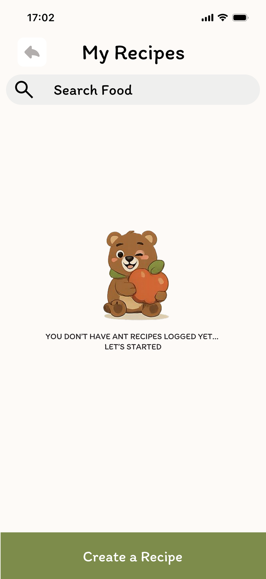 GluCare My Recipes empty state with a bear mascot holding an apple and a green Create a Recipe button