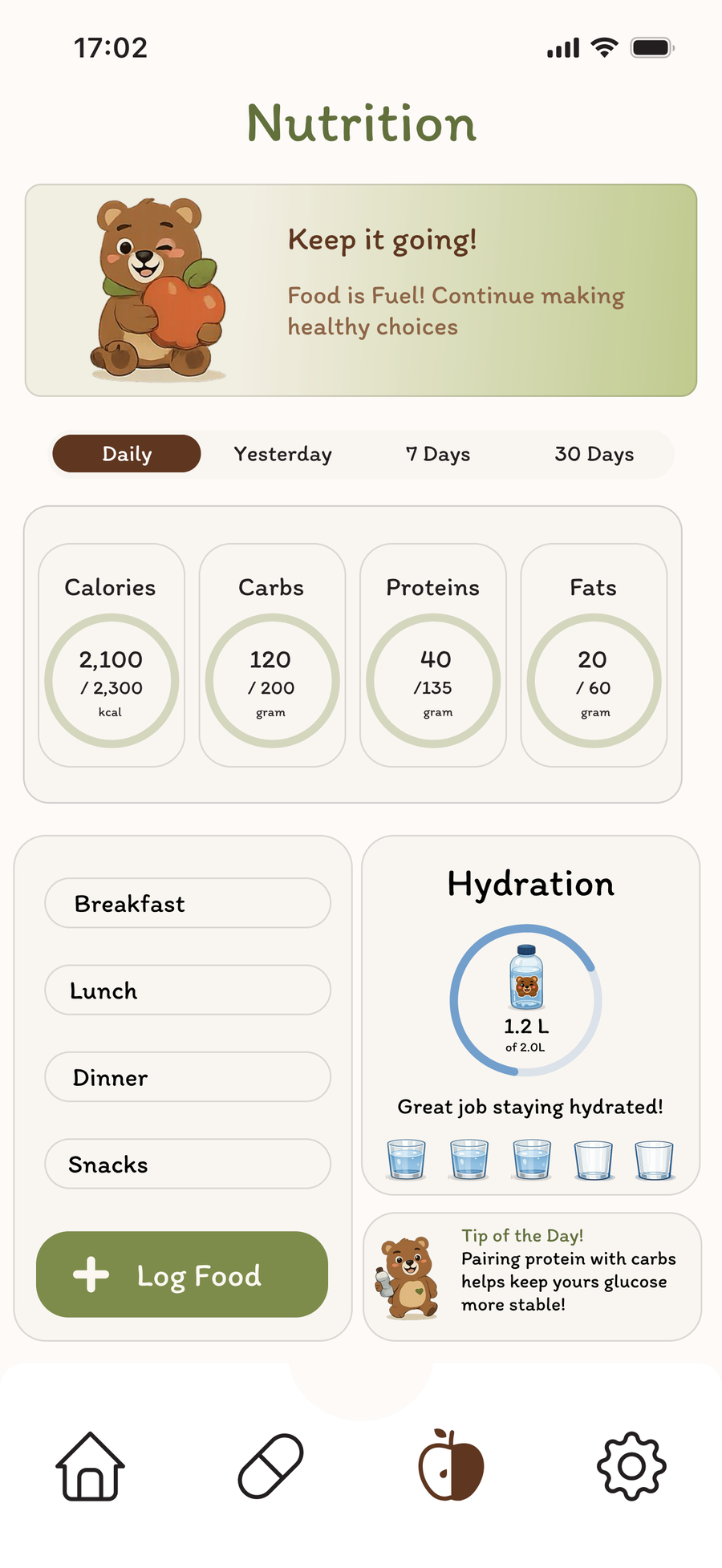 GluCare nutrition screen with calorie, carb, protein, and fat rings and an empty meal log