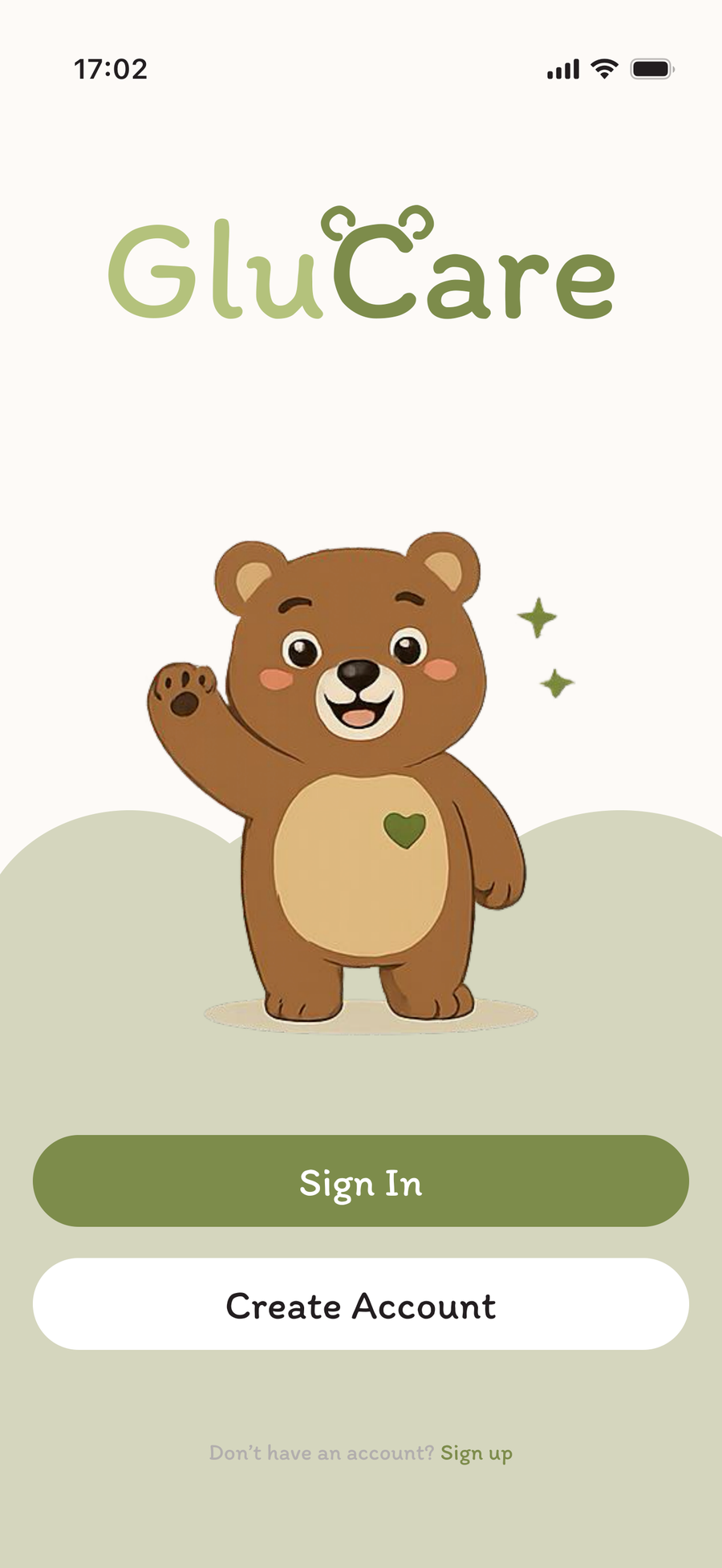 GluCare splash screen with a warm bear mascot and Sign In / Create Account buttons on a cream and sage background