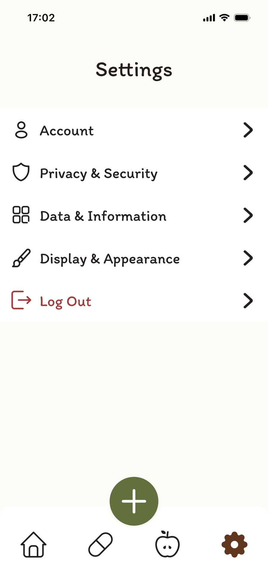 GluCare settings screen listing Account, Privacy and Security, Data and Information, Display and Appearance, and Log Out