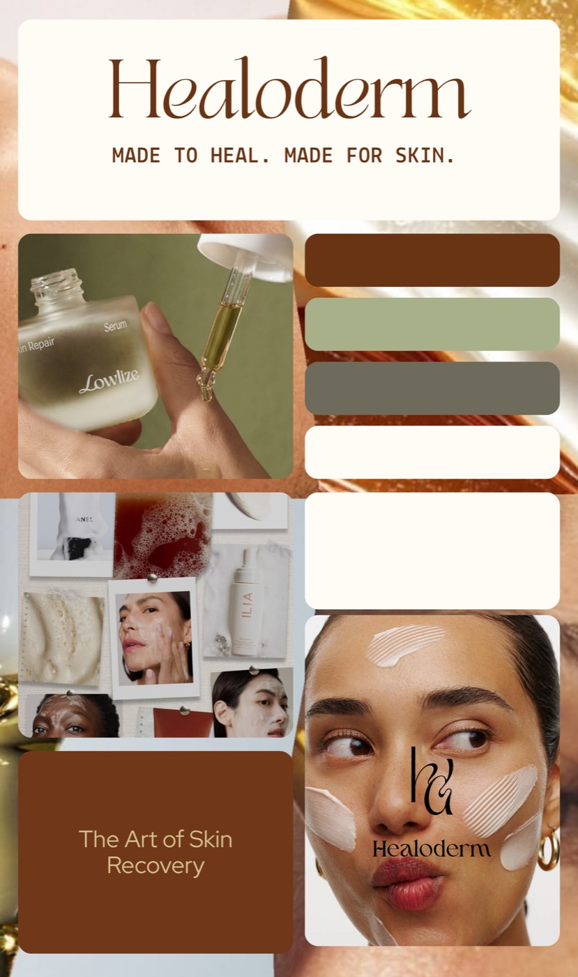 HealoDerm brand board moodboard: logo, tagline, colour palette, and photo direction reference
