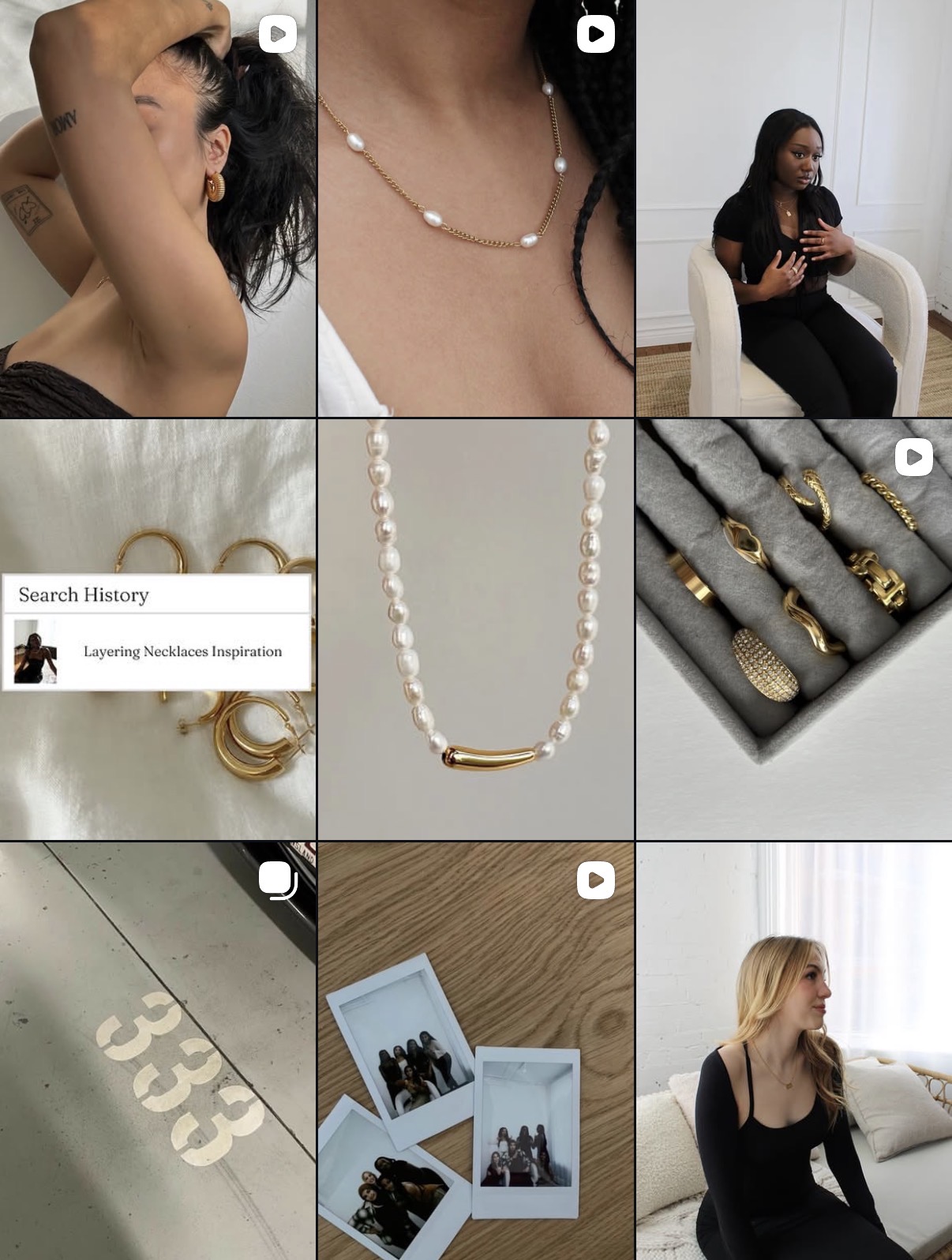 Hush Jewels Instagram grid featuring jewelry, models, product photography, and behind-the-scenes content
