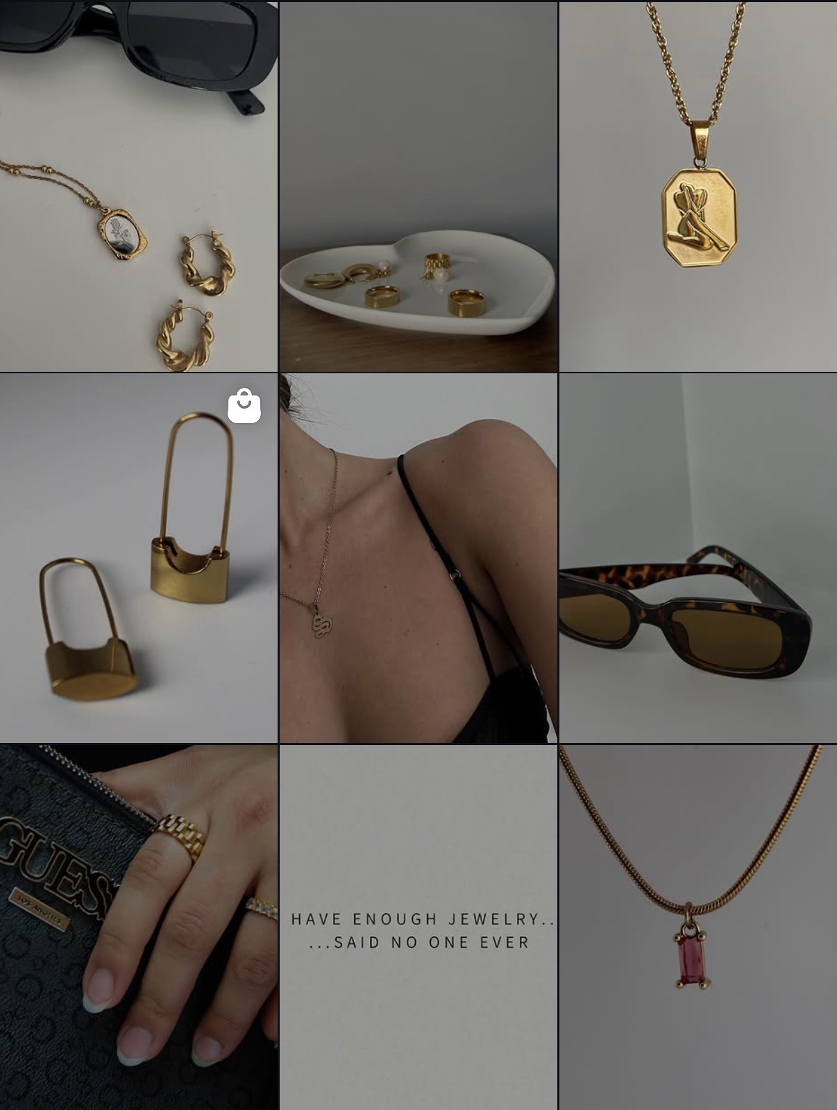 Hush Jewels inspiration grid featuring gold jewelry, accessories, and neutral product photography