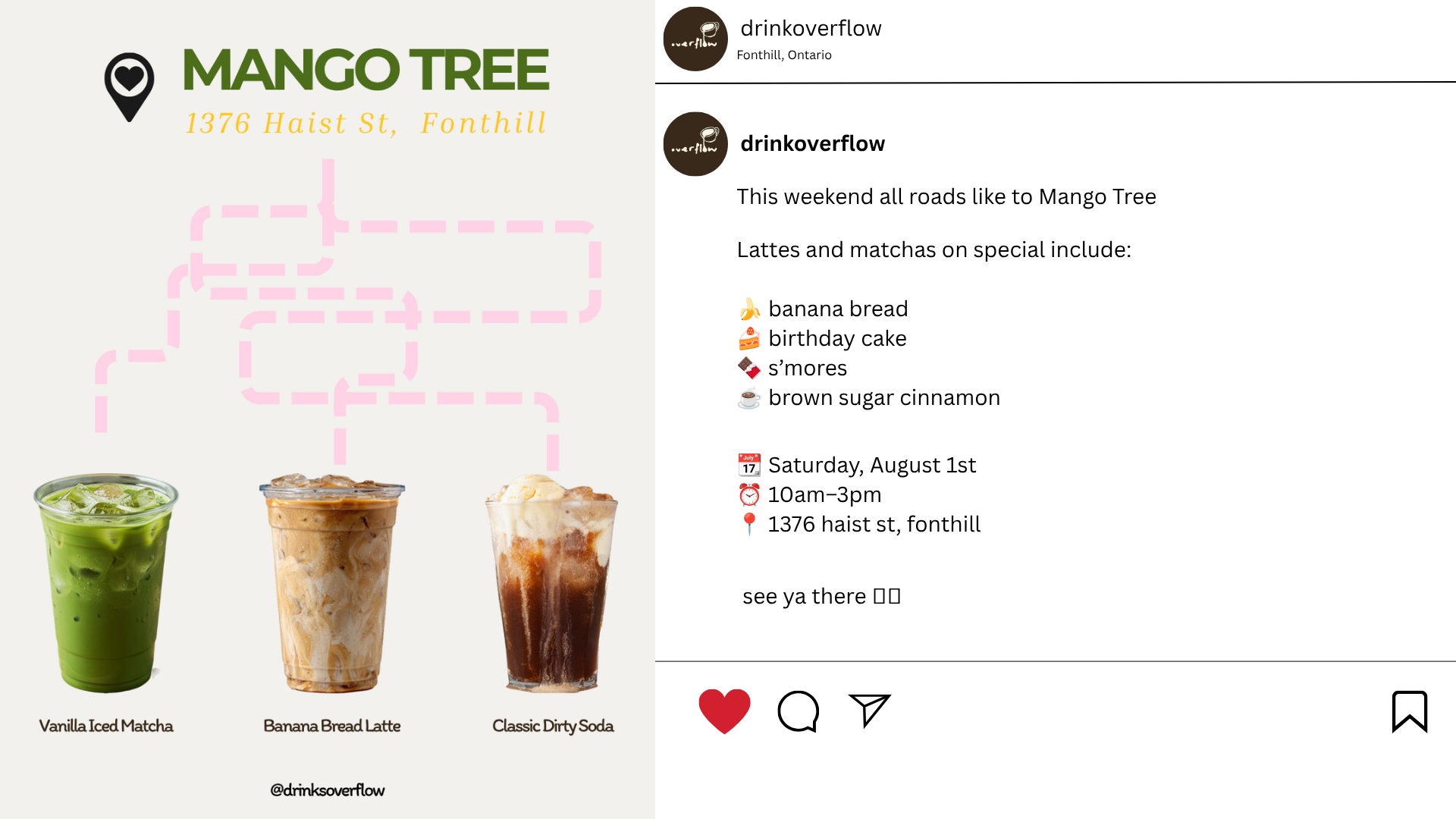 Instagram campaign for Overflow Mobile Coffee Bar's Mango Tree pop-up, including the promotional poster and event caption