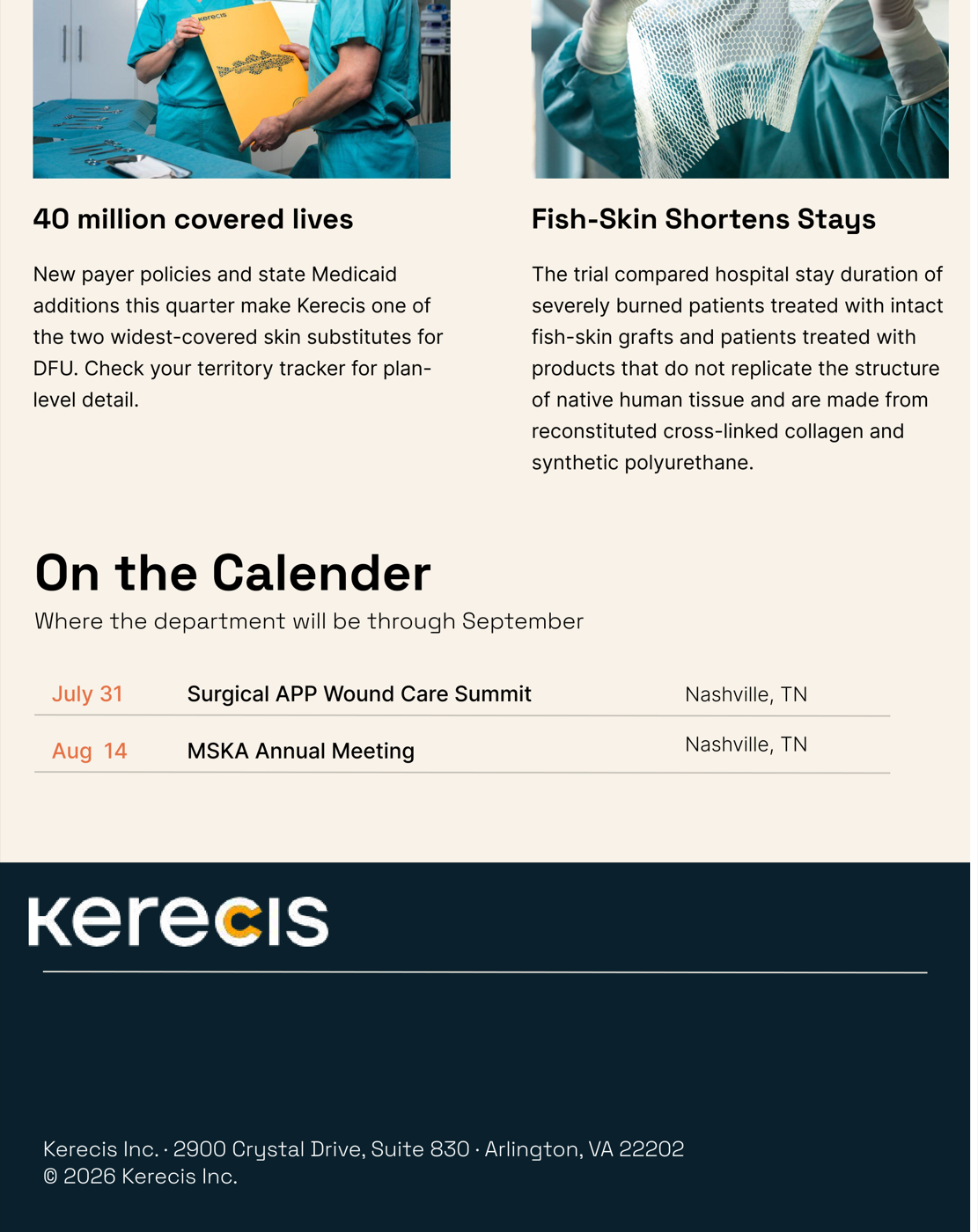 Around the Company two-column digest, On the Calendar table, and the Kerecis footer