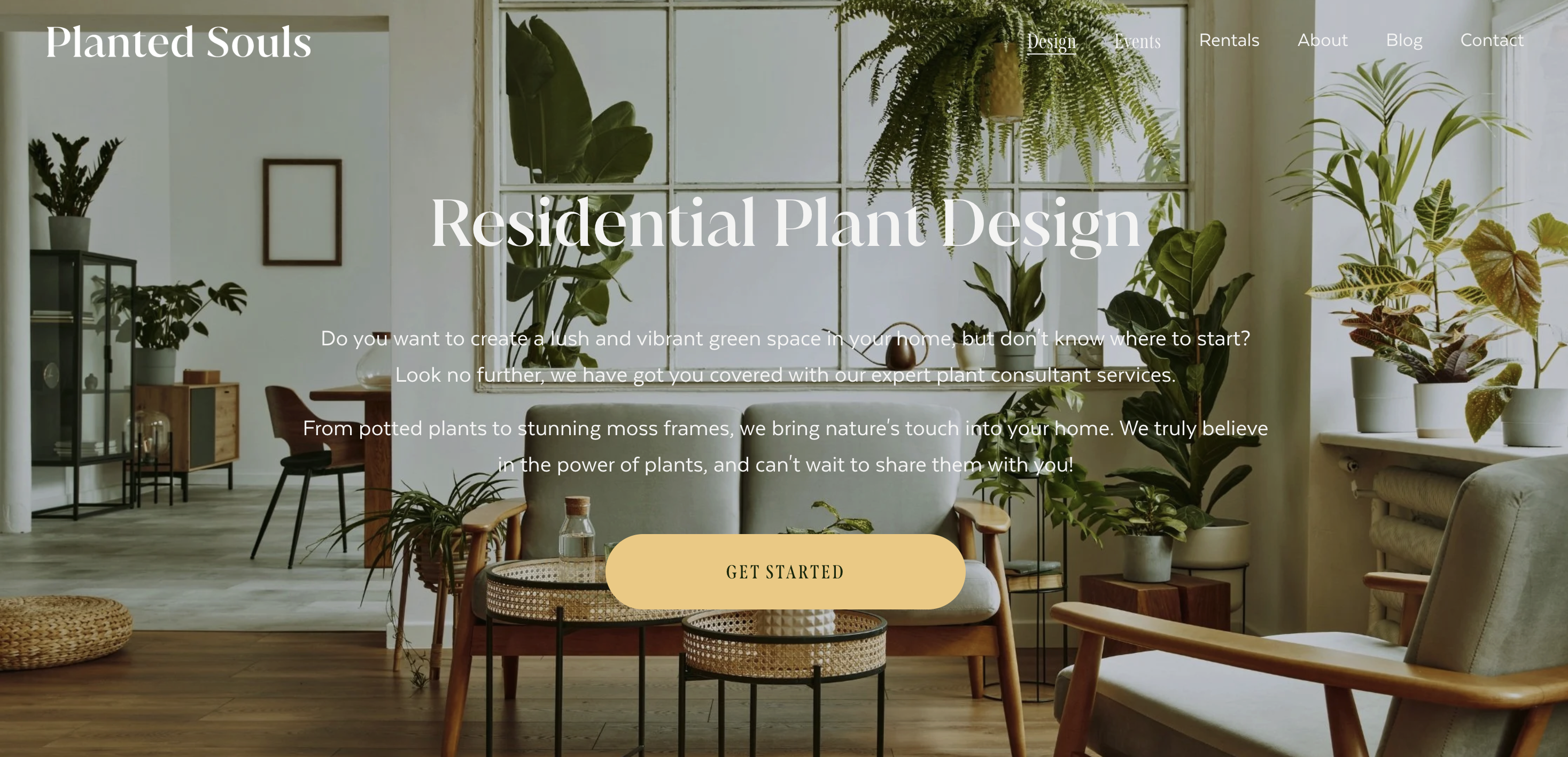 Planted Souls residential plant design landing page with a plant-filled living room, service description, and get started button