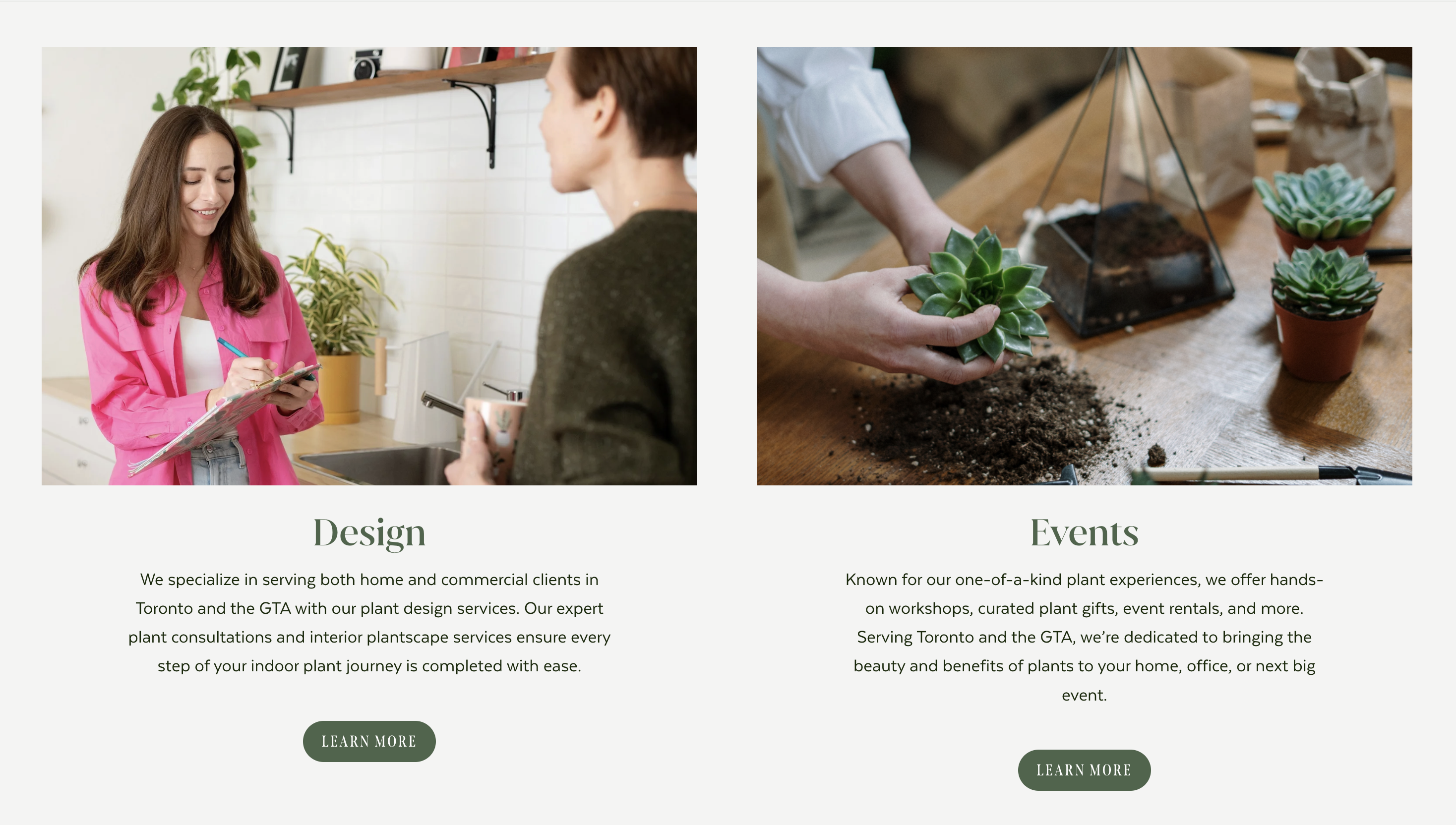 Planted Souls service section presenting plant design and plant event offerings in a two-column layout